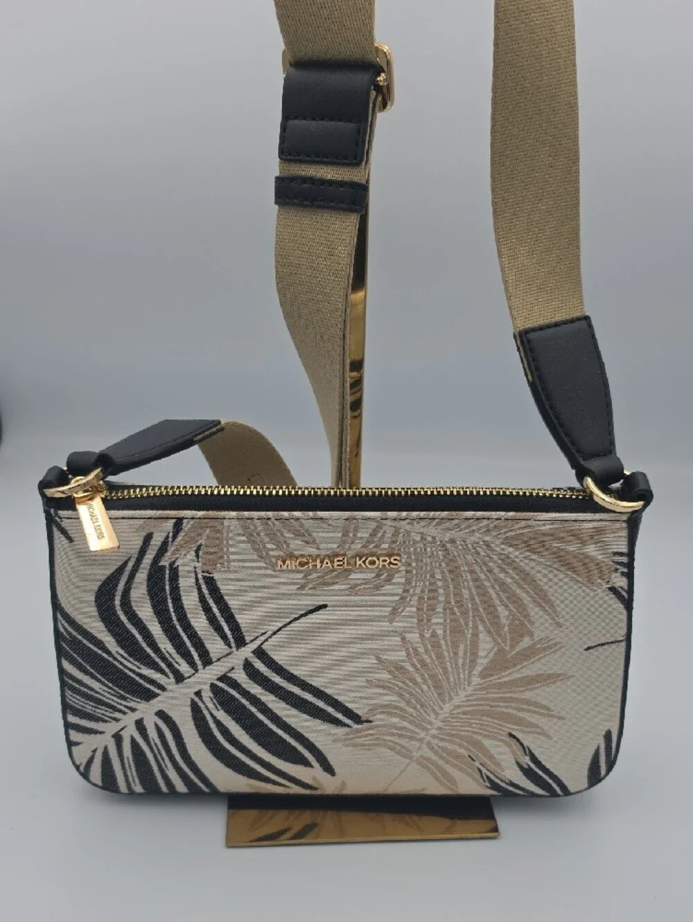Michael Kors Beige Black Tropical-Print Crossbody Bag
